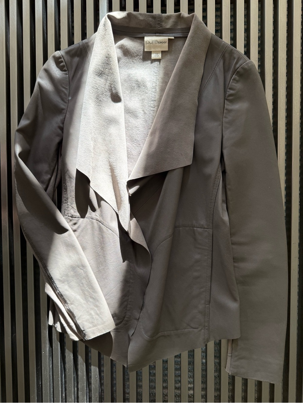 PureDKNY Gray Lambskin Leather Draped Open Front Jacket Size P